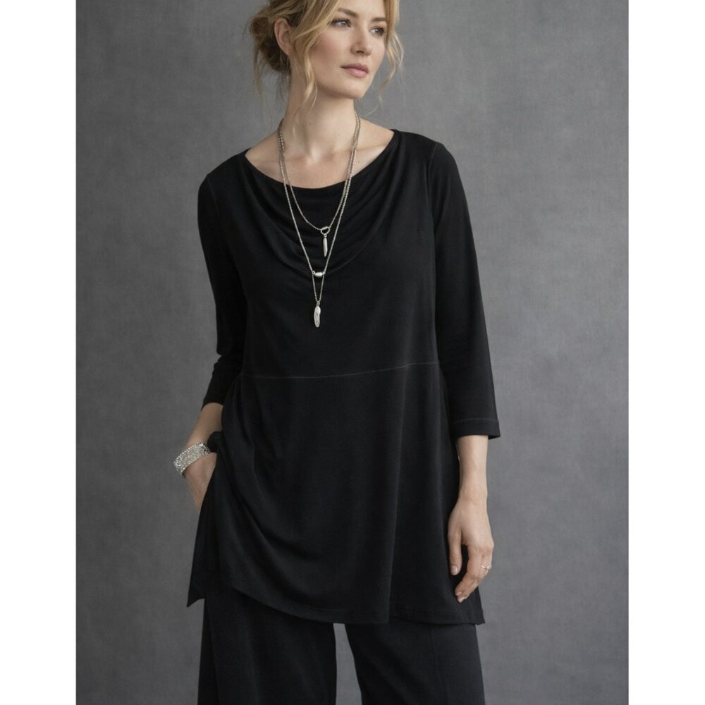 Eva Varro Tunic Top Black Draped Neckline Slinky Art-to-Wear size M Lagenlook